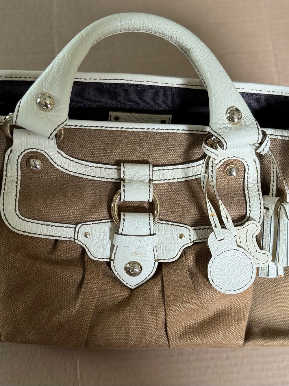 Celine Boogie Brown Canvas Tote with White Leather Trim